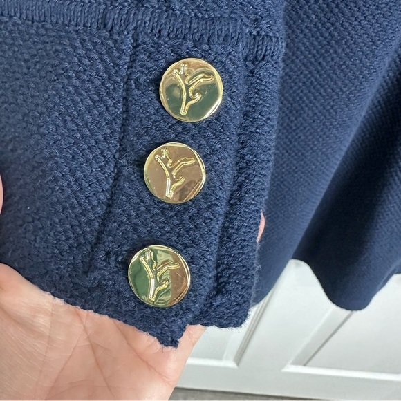 J.McLaughlin Ribbed Knit Navy Button Up longline Cardigan Gold Buttons Medium - Picture 4 of 9